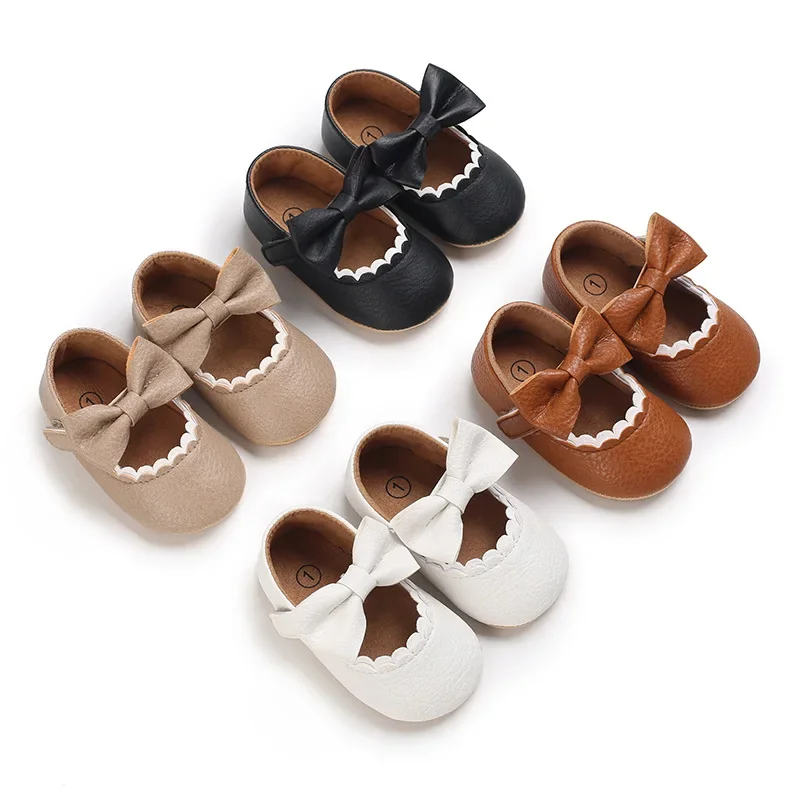 Sapatos baixos antiderrapantes para bebês, bowknot, borracha, PU, sola macia, branco, damasco, marrom, infantil, criança, primeiros caminhantes, E26