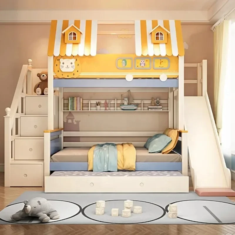 Furniture Wood Loft Kids room Bunk for Children Wooden Bunk  with Slide and Stairs Bunk  with Storage