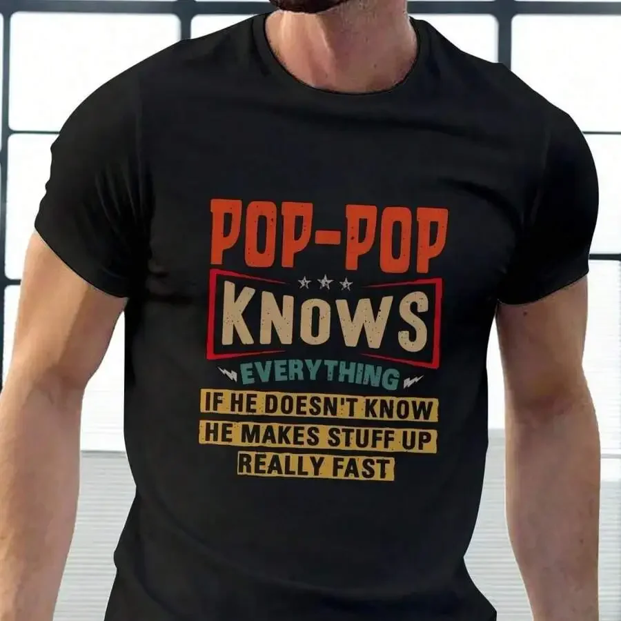 Men's Black Short - Sleeve T - Shirt, 'Pop - Pop Knows Everything' Funny Grandparent Text, Lighthearted Family Humor Casual Wear