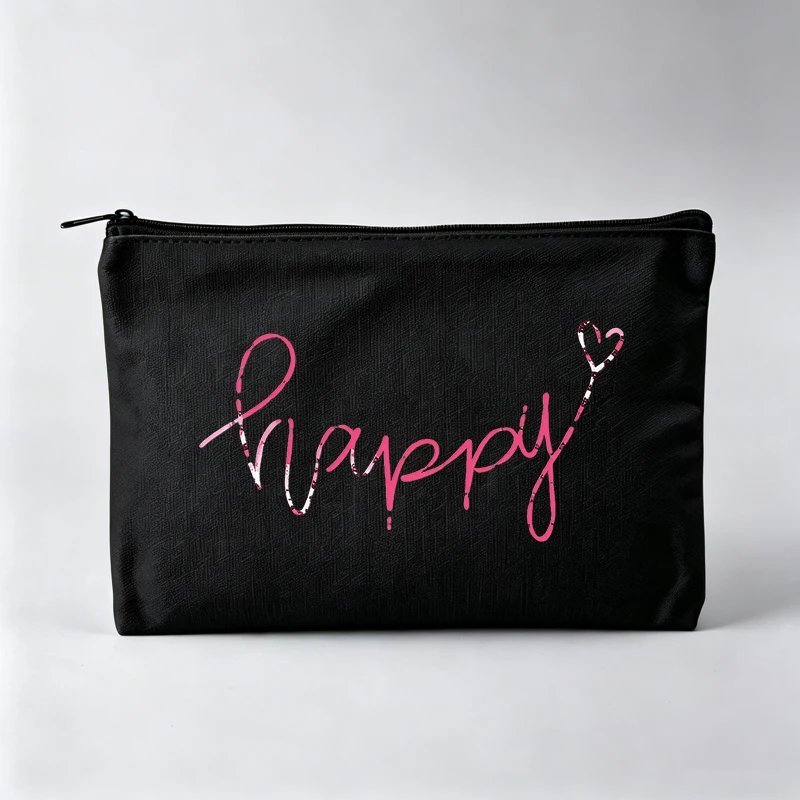 Women's Handwritten Happy Text Makeup Bag with Heart Design, Casual Cosmetic Pouch for Daily Use