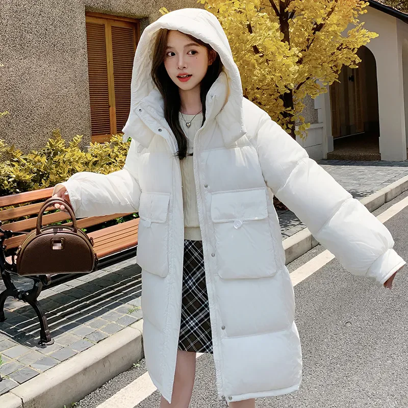 Hooded Mid-length coats 2024 new winter jackets Korean fashions Casual outerwear loose zipper warm Winter coat female