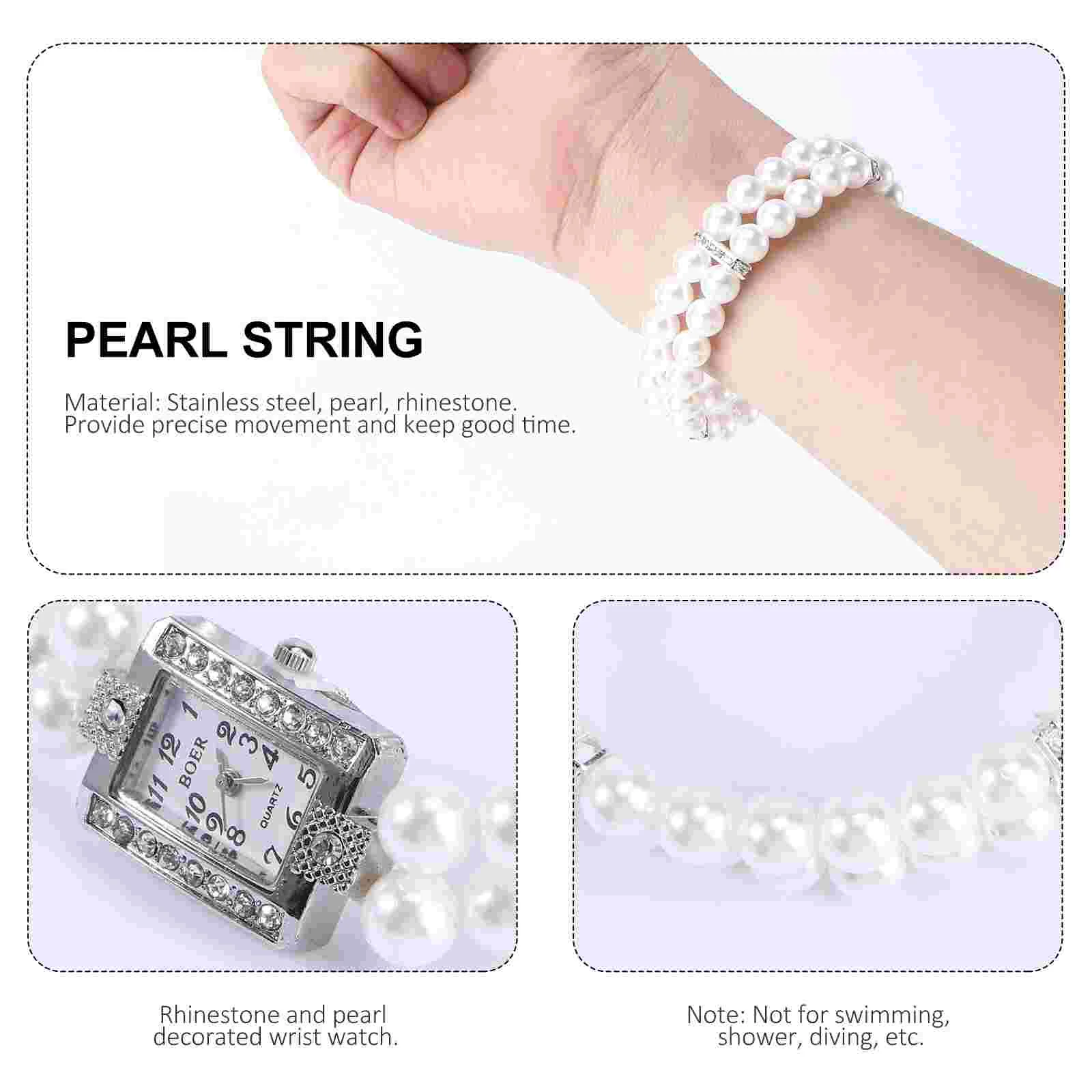 Ladies Watches Bracelet Women Lady Pearl Elasticity Double Row White Peal Wrist Miss