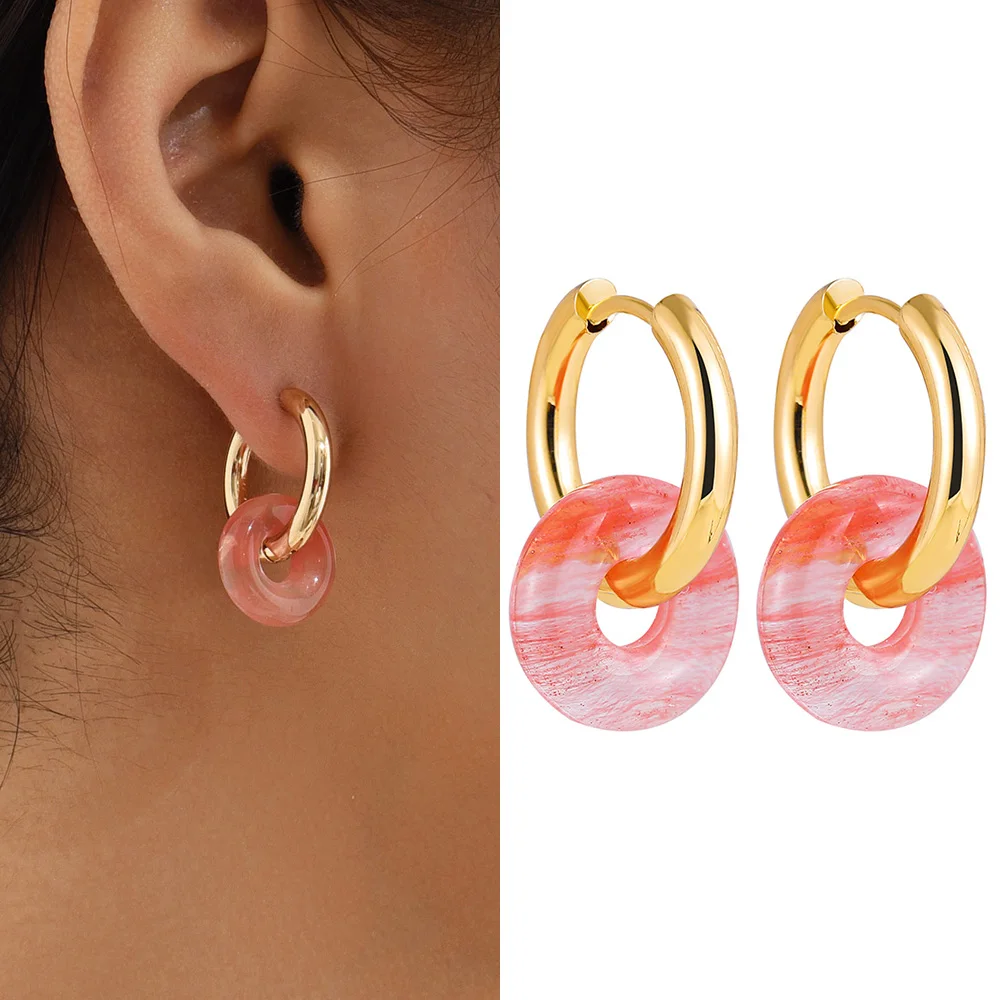 Charm Natural Stone Round Donuts Beads Gold plated Hoop Huggie Earrings for Women Statement Stainless Steel Hoops New Trend