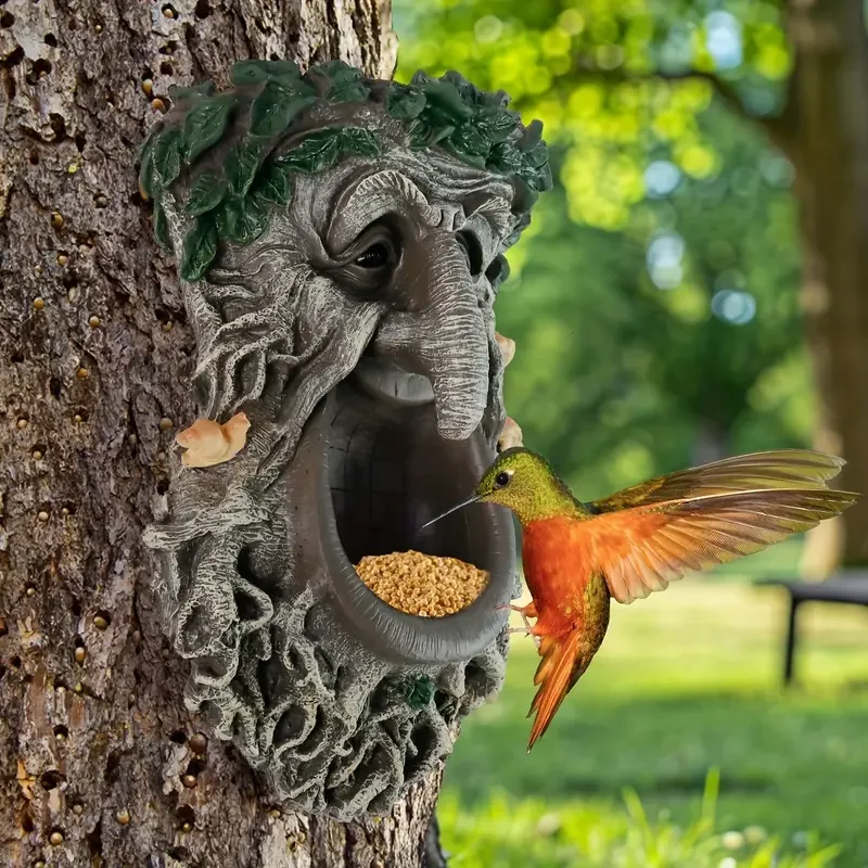 Outdoor Garden Yard Tree Face Wild Bird Feeder, Big Mouth Mushroom Tree Face Bird Feeder, Home Decor Statue