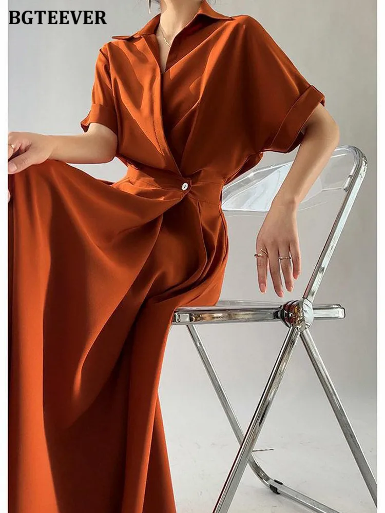 BGTEEVER Vintage Turn-down Collar Ladies Dress Short Sleeve Slim Waist Women A-line Dress Elegant Summer Vestidos