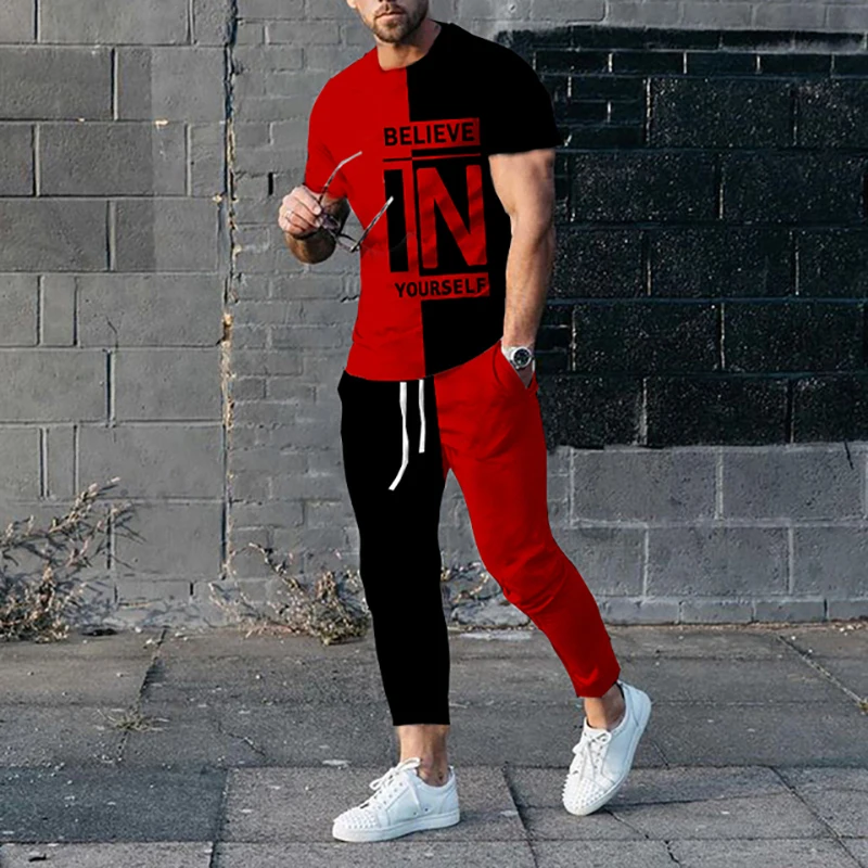 Men\'s T-shirt Pants Tracksuit Believe In Yourself 3D Print T Shirts Trousers Set 2 Pieces Streetwear Oversized Suits Sportswear