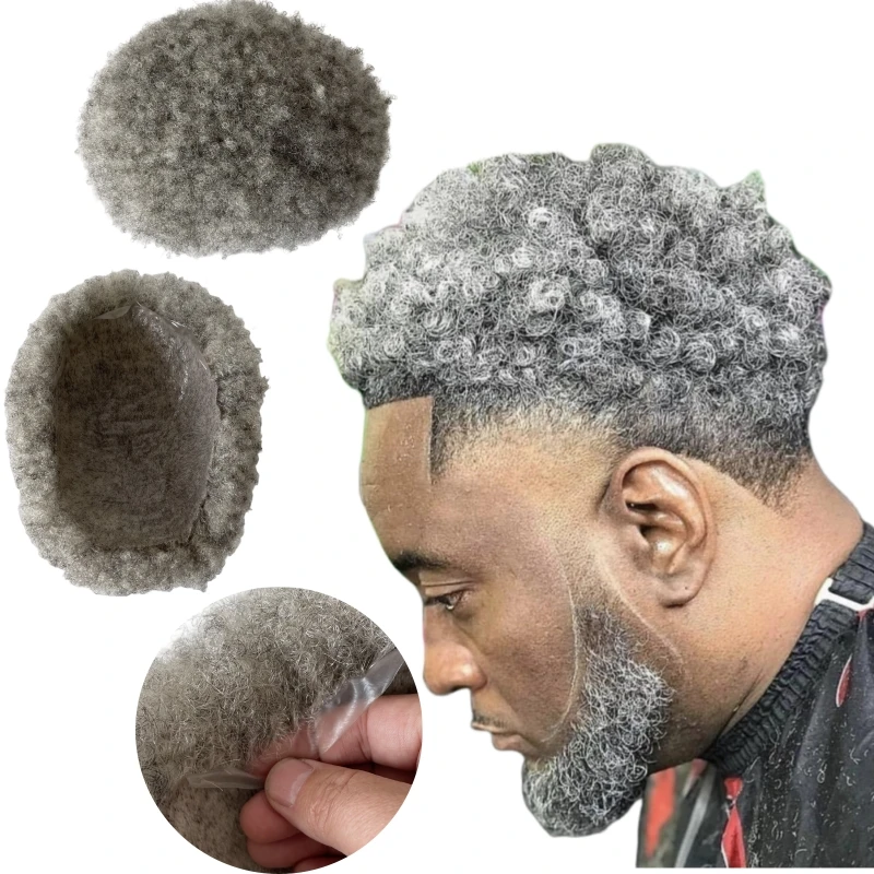 

Indian Virgin Human Hair Systems #1B80 Grey Color 4mm afro Knots PU Toupee 8x10 Skin Unit for Old Black Men