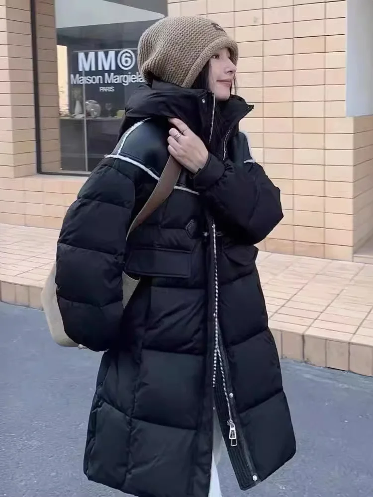 Winter Warm Coat Hooded Splicing Long Down Jacket Horn Buckle Thickened White Duck Down Temperament Elegant Slim Women's Coats