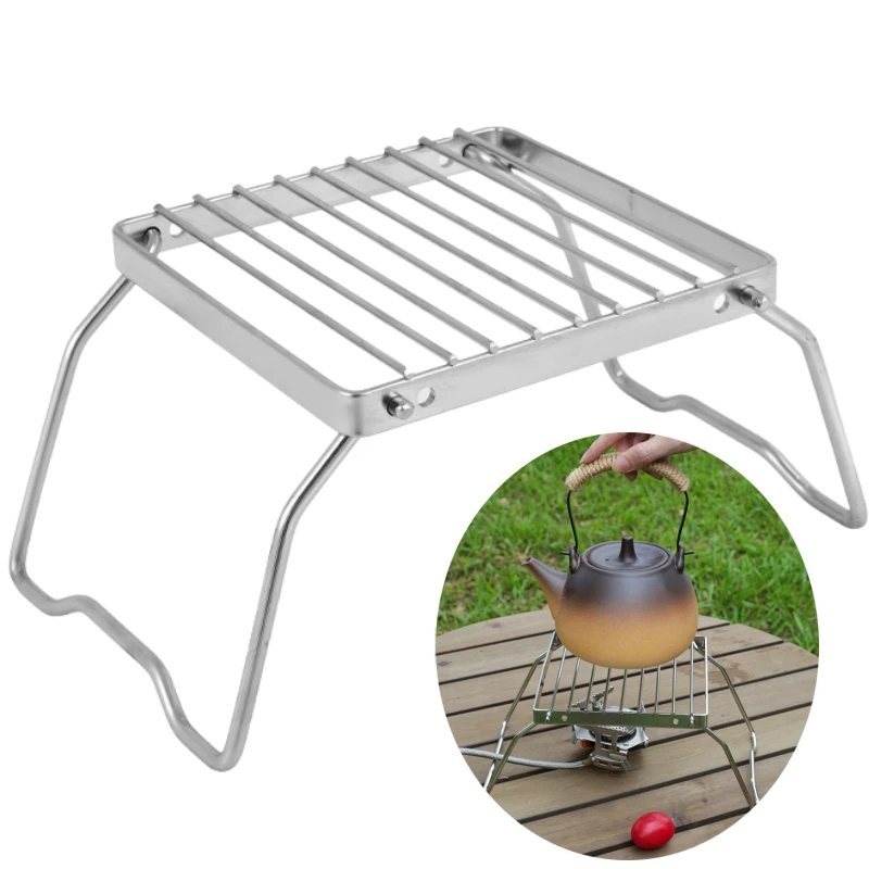 Suporte de fogão de acampamento de aço inoxidável ao ar livre portátil dobrável mini churrasco rack pote titular cozimento bandeja panelas acampamento
