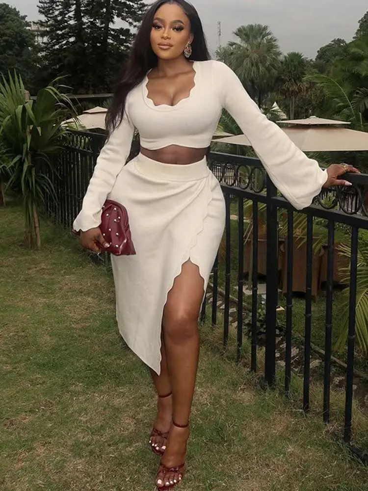 Summer 2 Piece Outfits Woman Square Collar Long Sleeve Top Slimming and Slit Dress Chic Elegant Women Sets Skirt Beige