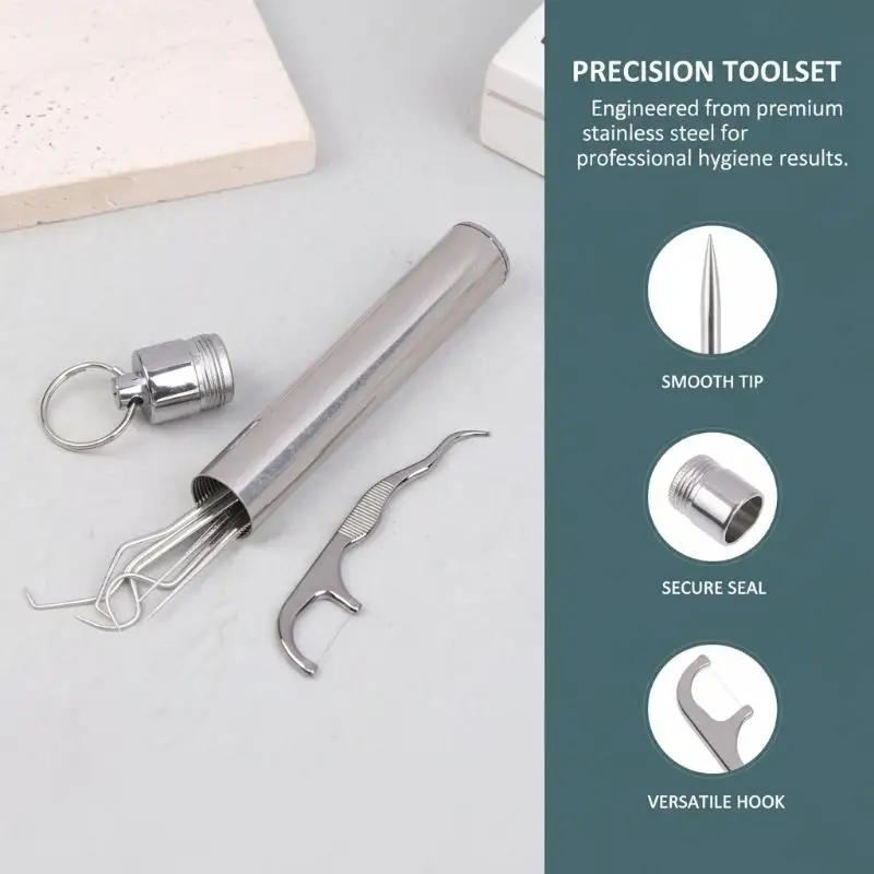 1set-Stainless Steel Toothpick Sets Portable Floss Reusable Toothpicks Tooth Tartar Removal Cleaning Kit With Keychain Holder