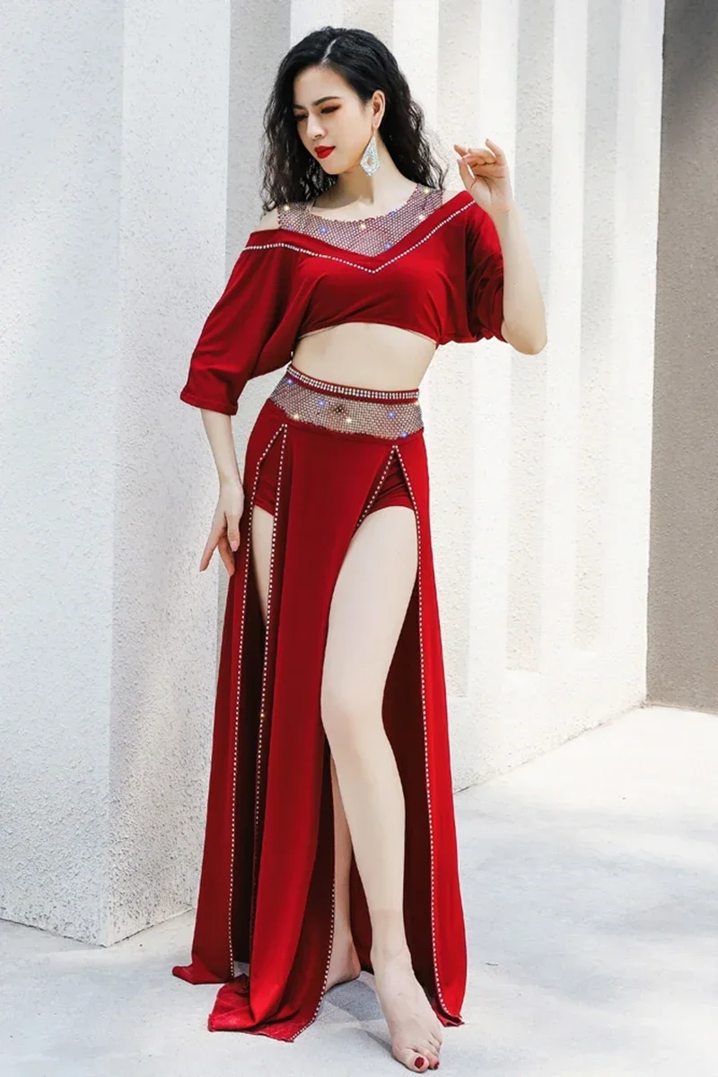 Abiti da allenamento per la danza del ventre femminile, abiti da allenamento per la danza del ventre, moda orientale, nappa con bordo caldo