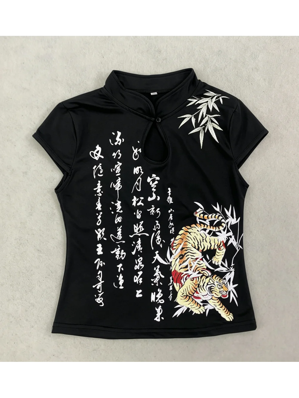 2026 Summer New Retro Tiger Bamboo Printed Cheongsam Collar Hollow Short Sleeve Top Y2K Spicy Girl Street Fashion Trendy Niche