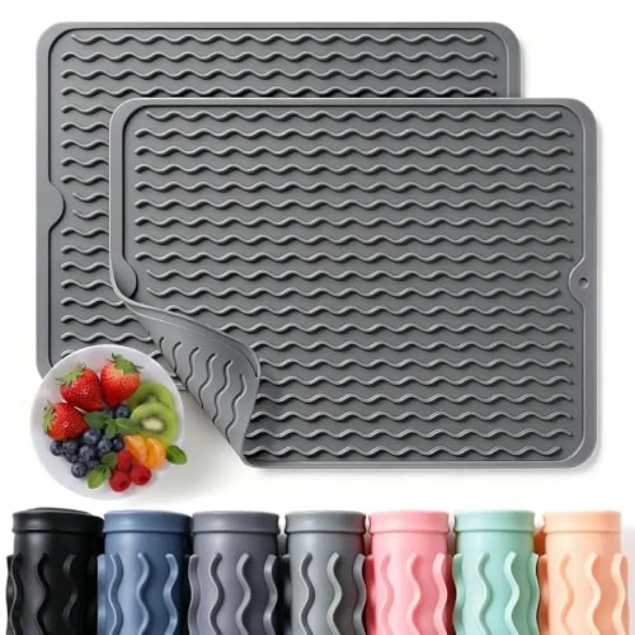 2 Pack Silicone Dish Drying Mat for Kitchen Counter Heat Resistant Under Sink Waterproof Coffee Bar Accessories Dining Rack Sto