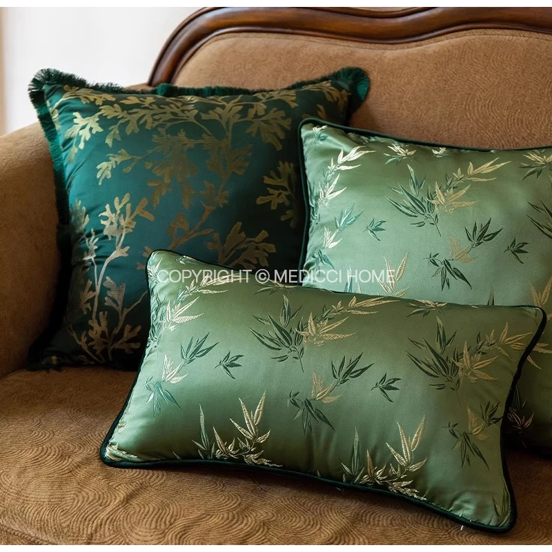 Medicci Home Retro Green Main Tone Decorative Cushion Cover Oriental Art Bamboo Leaves Jacquaard  Pillow Case For Sofa Couch Bed