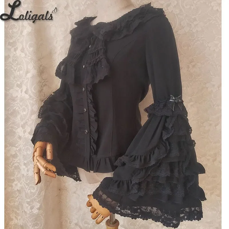 Vintage Lolita Shirt Women's Chiffon Blouse with Gorgeous Long Lace Flare Sleeves