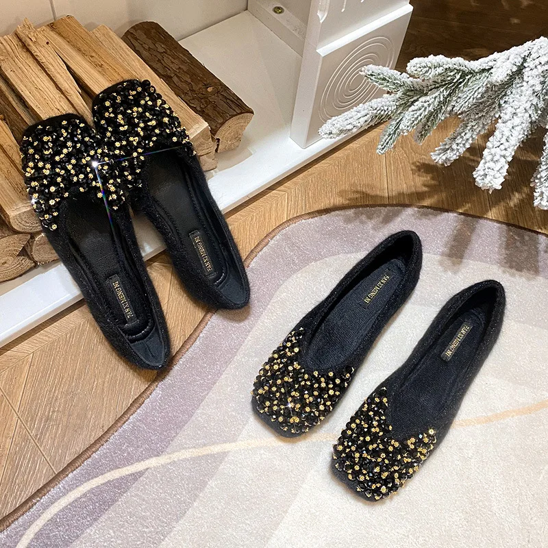 

Glitter Crystal Pearl Studs Ballet Shoes Women Square Toe Slip on Loafers Cozy Shallow Cut-out Ballerina Flats Moccasins Female