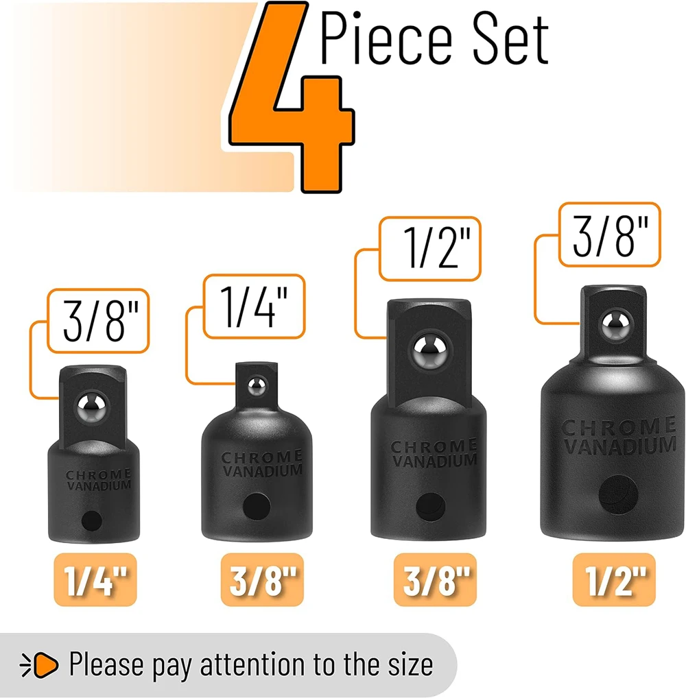 New 4PCS Impact Socket Adapter Reducer Set 1/2 3/8 1/4 inch Use Wrenches Drills in Auto and Impact Driver Construction Work