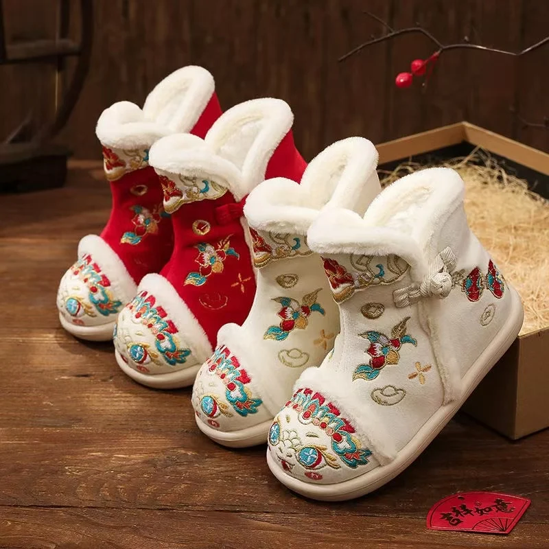 2024 Winter Girls Ethnic Style Embroidered Cotton Boots Soft Sole Non Slip High Top Slip On Plush Warm Hanfu Cotton Shoes