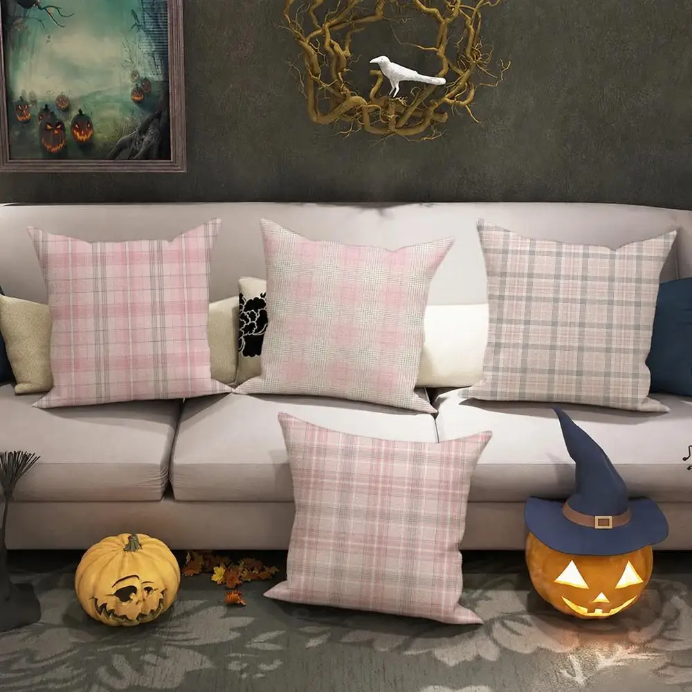 Pink plaid Cushion Cover Halloween decoration trick or treat cushion cover, ghost, pumpkin head, bat decoration