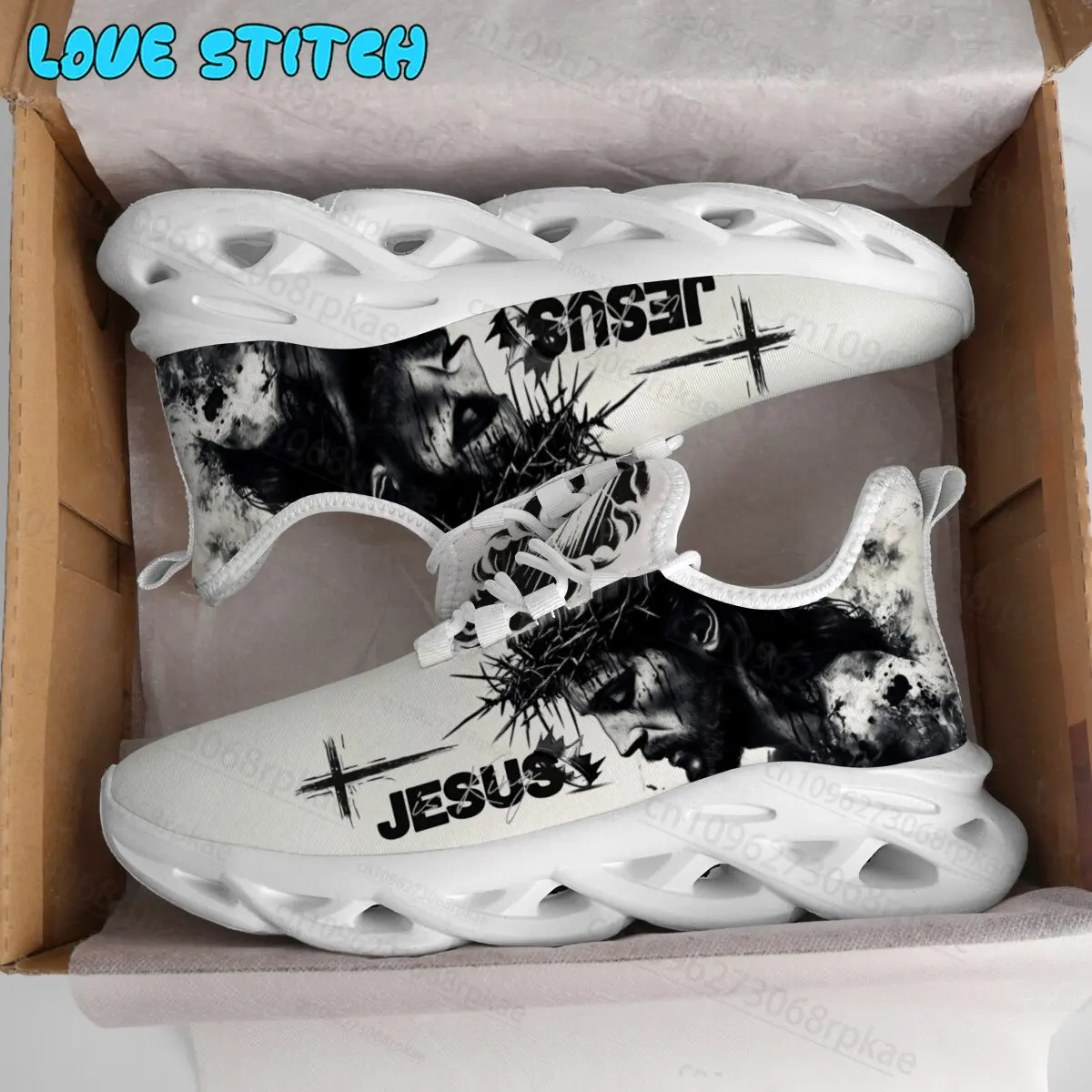Vintage Black White Jesus Cross Graphic Sneaker Wave Cushion Blade Sole Light Mesh Athletic Shoes Outdoor Casual Footwear Unisex