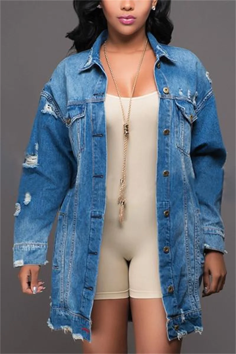 Women Lapel Tassel Hem Long Jackets Fashion Broken Holes Single-breasted Splicing Denim Coat Casual Outerwear Female Streetwear