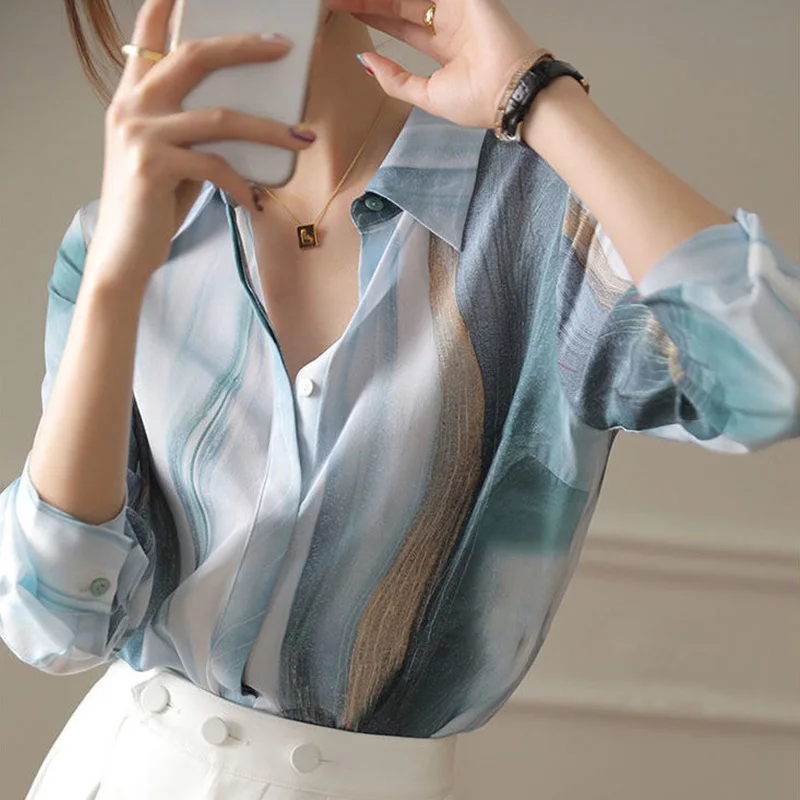 Fashion Korean Striped Printing Shirt Female Spring Autumn Turn-down Collar Patchwork Button Loose Long Sleeve Chiffon Blouse