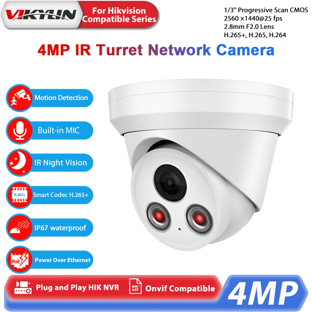 Vikylin Hikvision Compatible 2k 4mp IR night Vision POE IP Camera With MIC CCTV Outdoor Video Surveillance Security Camera Onvif