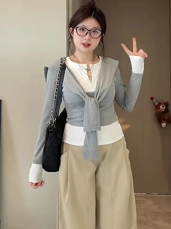 

plus Size Women's Korean Sle Long Sve T-irt awl Color Blo Two Piece Set Slimming Effect Autumn Commute Faion