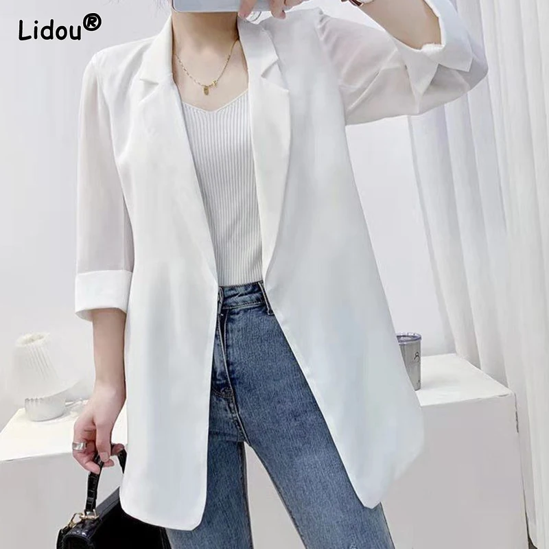 Blazer holgado de manga tres cuartos con muescas para mujer, ropa informal simple de Color liso, Tops finos de primavera y verano, 2023