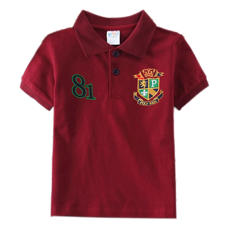 Boys and Girls\' No. 81 Algodão camiseta esportiva, sólido Jersey roupas, decoração de bordados, gola virada para baixo, verão Top Tee