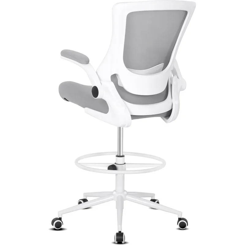 Tall Chair Standing Desk, High Office Chair with Adjustable Lumbar Support, Flip-up Arm and Footrest Ring, Office Drafting C