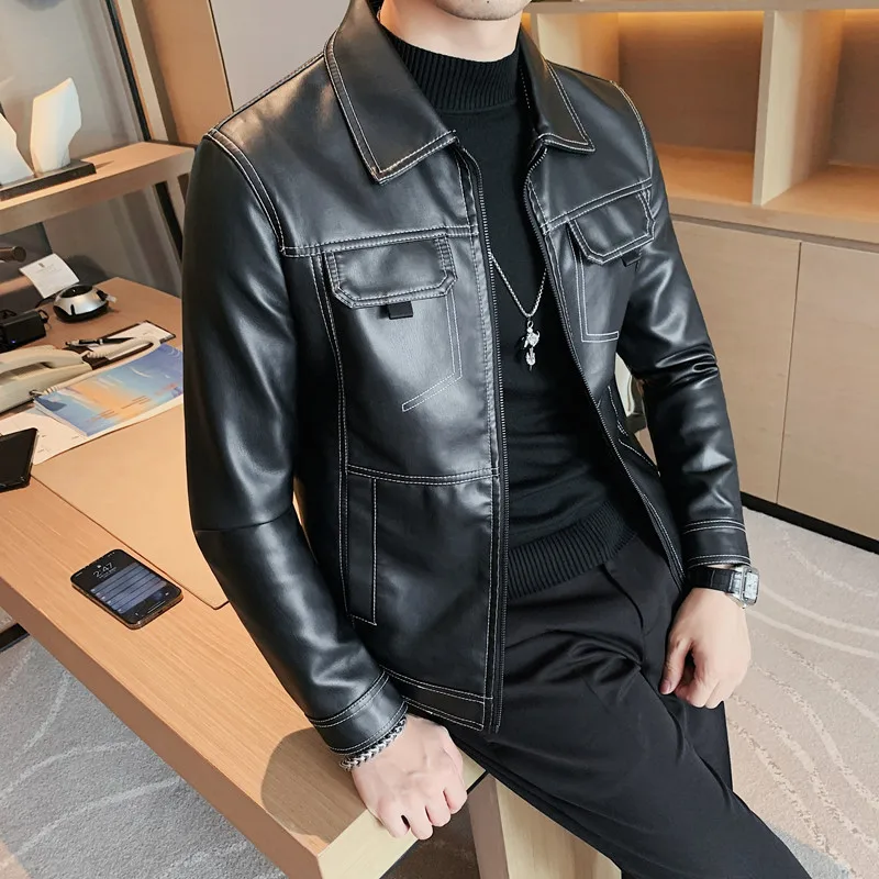 

Multiple Pockets Faux Leather Jackets Mens Zipper Trendy Motorcycle Clothes Mens Business High Quality PU Leather Jacket 4XL-M