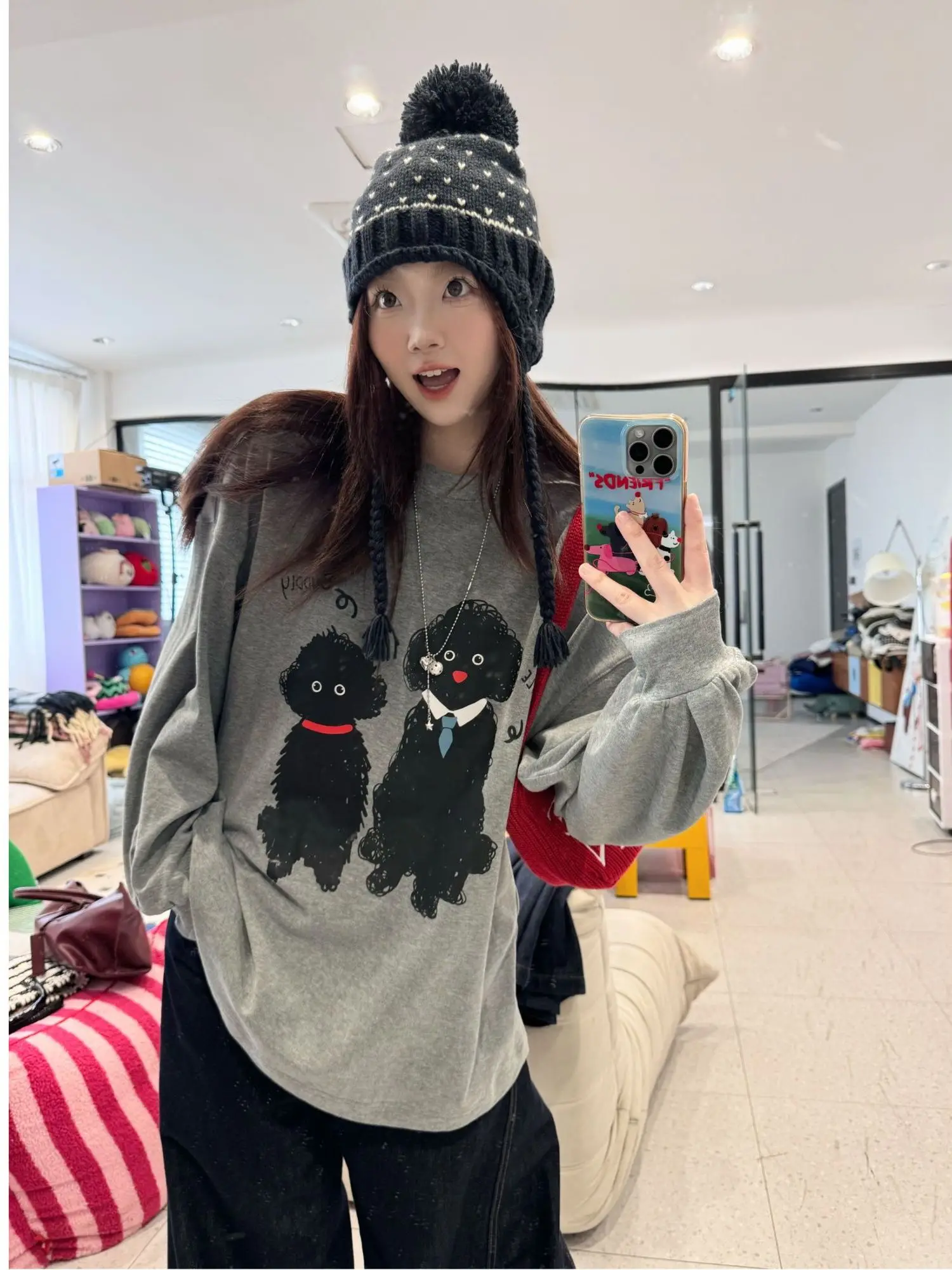 

Женская футболка JINGU с принтом «Ленивый пёс», корейский стиль, повседневная, с длинным рукавом, свободного кроя, с кристаллами, в стиле Ханьфу