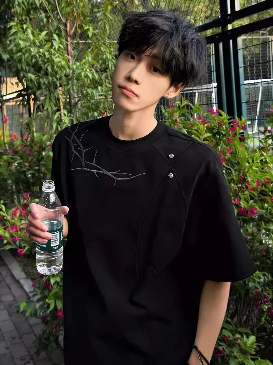 Black Summer New Style T-Shirt Embroidered Structure Splice Short Heavyweight 320g Roman Cloth Short Sleeve Loose Fit Casual Top