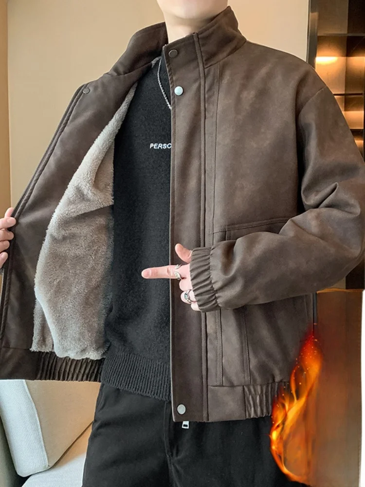 

Paul Men's Thiened Fce Lined Stand Collar Jaet Leather Coat Outdoor Workwear for Spring Autumn Youth Zipper Closure