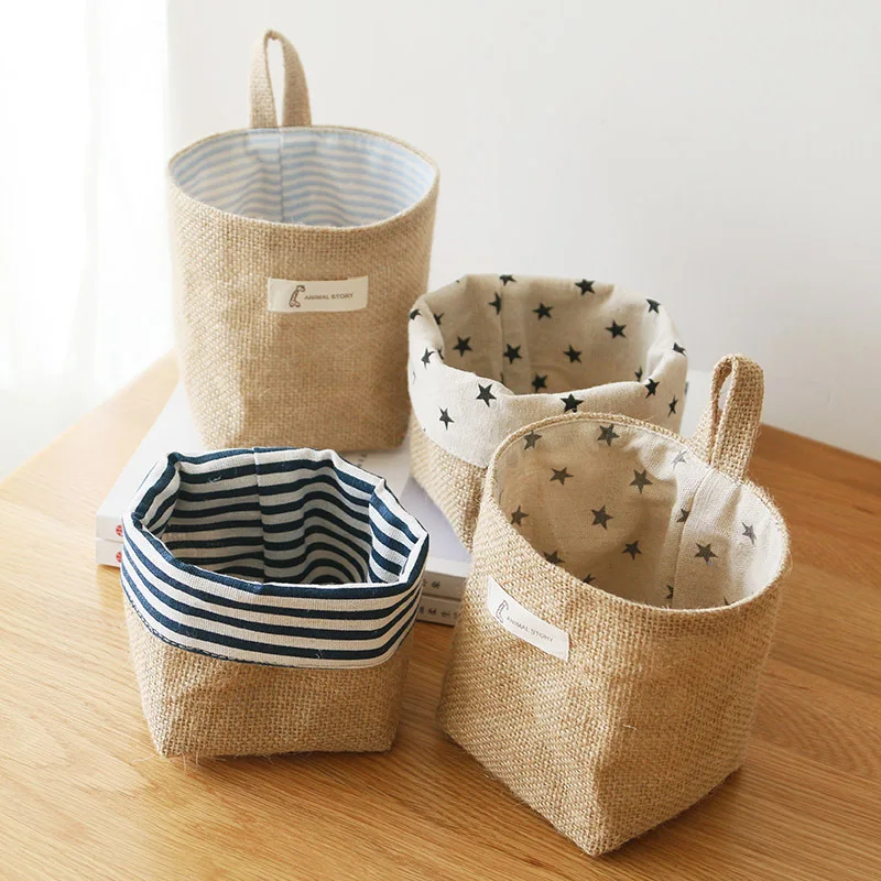 

Hanging Pocket Cotton Linen Bag Desktop Storage Basket Small Sack Sundries Storage Box with Handle Cosmetic Closet Organizer