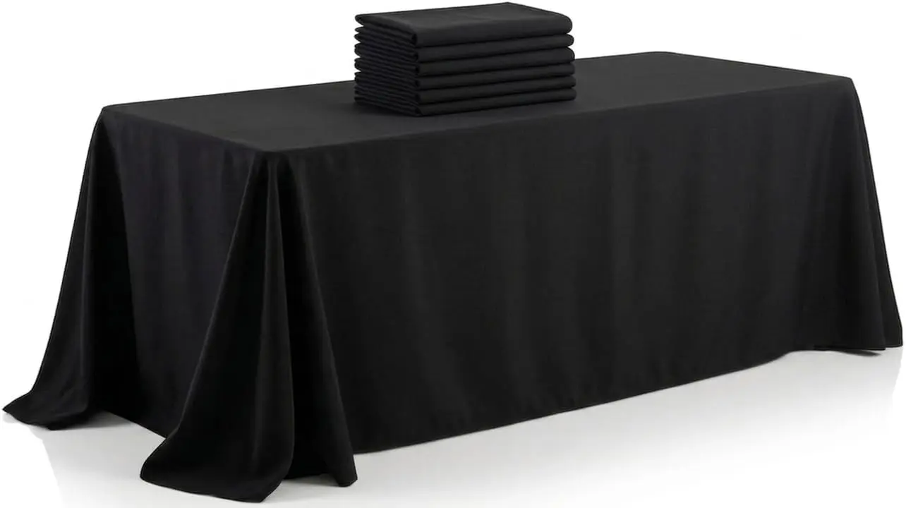 

6 Pack Black Tablecloths 90x156 Inch for 8ft Rectangular Tables - 180 GSM Heavy Duty Polyester Floor Length Drop, Water