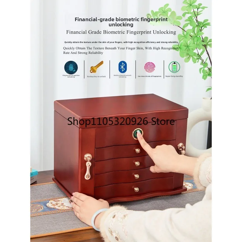 Solid wood jewelry storage box High-end exquisite wood retro national style wedding birthday gift fingerprint lock jewelry box