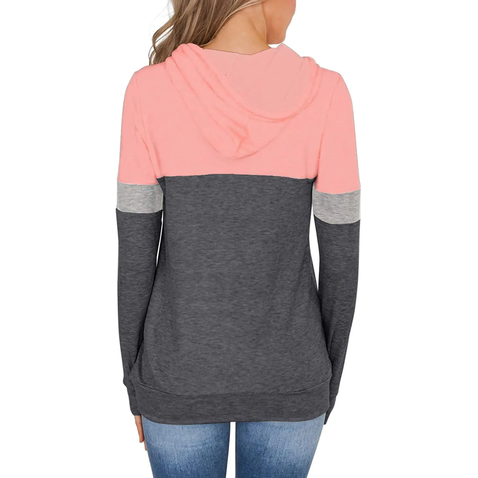 Damen lässig Color Block Hoodies Tops Langarm Kordel zug Pullover Sweatshirts mit Tasche (S-XXL)