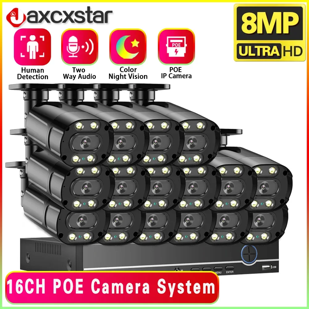 4K POE CCTV Camera Security System Kit 16CH NVR Kit Full Color Night Vision IP Camera Video Surveillance Two Way Audio System