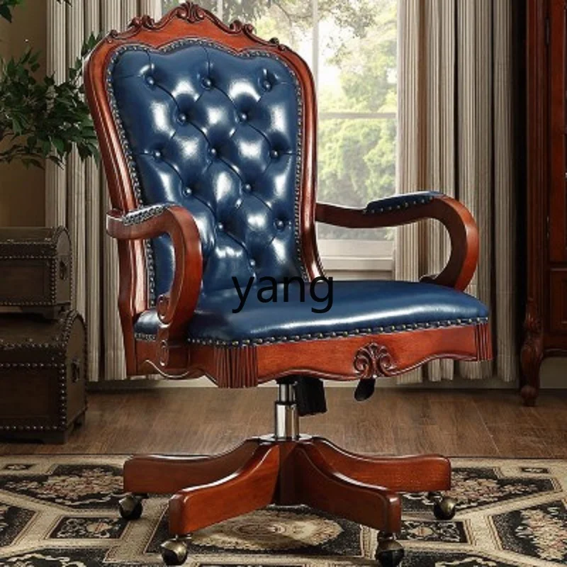 Yjq European American leather computer boss chair office home e-sports solid wood revolving book chair