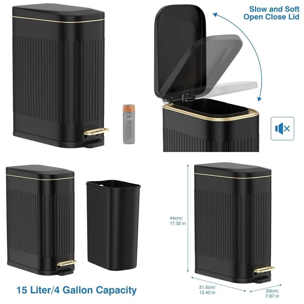 

Stainless Steel Rectangular Trash Can with 4 Gallon Capacity, Soft Close Lid and Removable Wastebasket for Kitchen Use