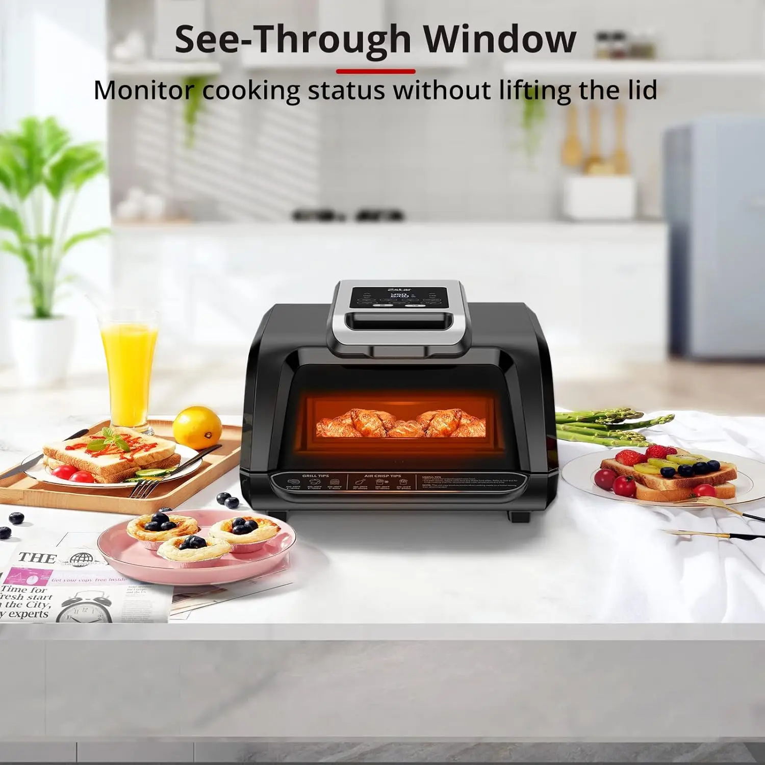 Indoor Grill Air Fryer Combo - 7-in-1 Smokeless Electric Air Grill with See-Through Window, Non-Stick Removable Plates, Even Hea