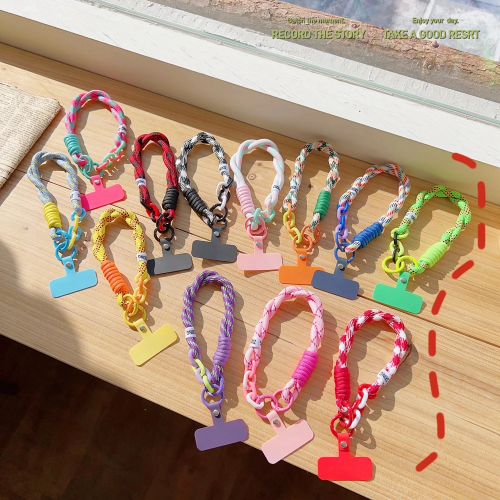 

Korea Universal Braided Mobile Phone Short Lanyard Strap Hanging Chain Ring Cord with Patch Wrist Strap Cell Phone Detachable