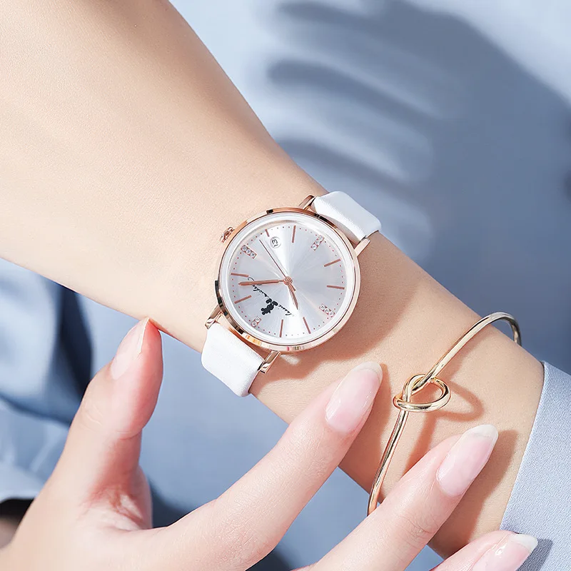 

Оригинальные наручные часы Disney, легкие и простые по стилю, с календарем, модные женские часы с бриллиантами, кварцевые часы