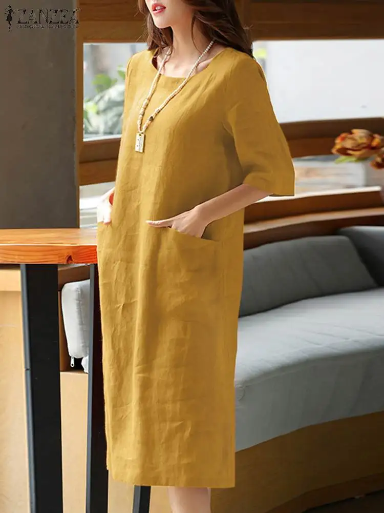 ZANZEA Summer Vintage Solid Cotton Dress Robe O Neck Half Sleeve Sundress Women Femme Casual Loose Beach Vestido Kaftan 2024