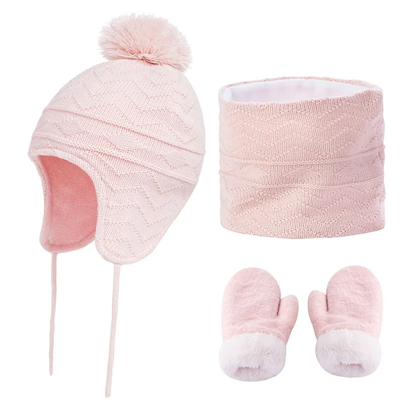 4Pcs Baby Winter Hat Scarf Gloves Set Fleece Knitted Infant Bonnet Kids Beanie Hats Neck Warmer Mittens Pompom Children Cap S/L