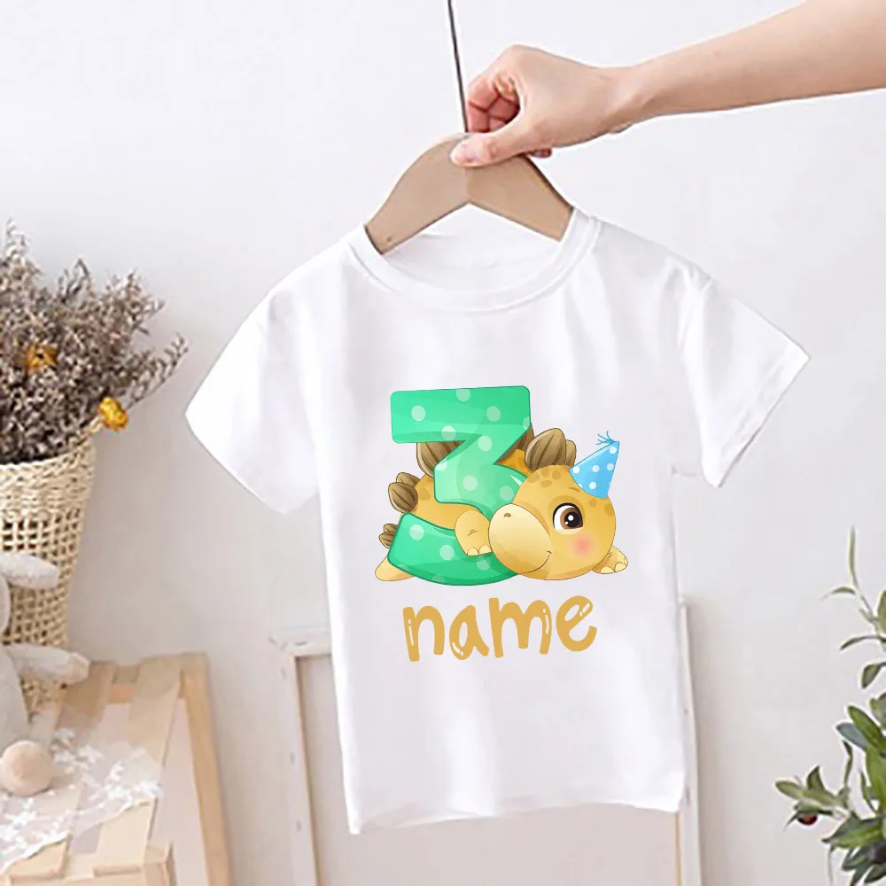 Personalised  Kids Birthday T-shirt Child Custom Name Clothes Dinosaur Cartoon Print Tops Boys Girls Shirt Birthday Cute T Shirt