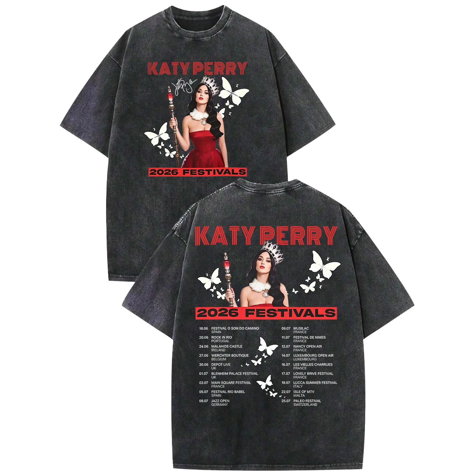 2026 Katy Perry Tour Vintage Washed T-shirt Unisex Oversized Cotton Streetwear Hip Hop Graphic Print Tee Tops